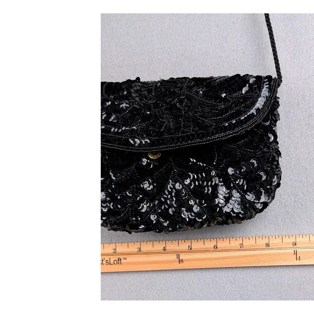 Vintage Black Silver Sequin Beaded Evening Clutch Crossbody Bag Formal Party